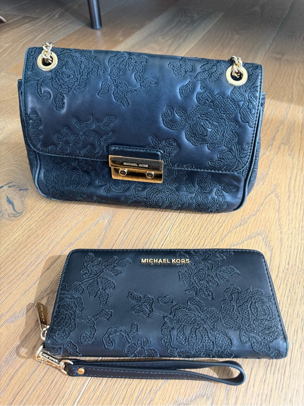 Michael Kors Black Embroidered Leather Shoulder Bag and Wallet